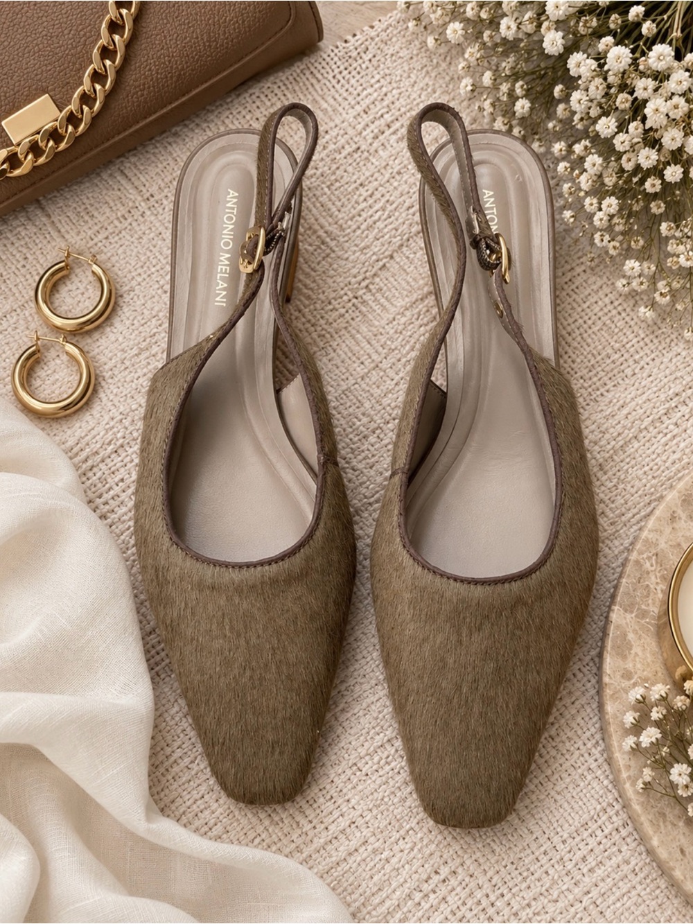 Olive/Camel Bovine Hair Slingback Pumps